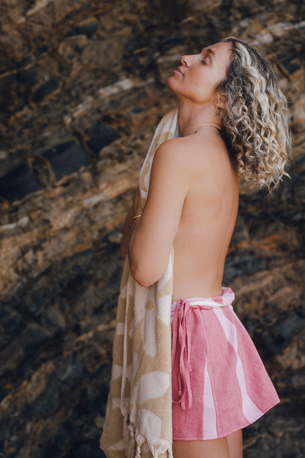 Playa Soleil Wrap Skirt — pink and white stripe wrap skirt with apron ties